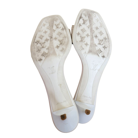 Louis Vuitton Vintage Monogram Sandals Kitten Heels White Leather Mules 9 39 - Picture 11 of 13